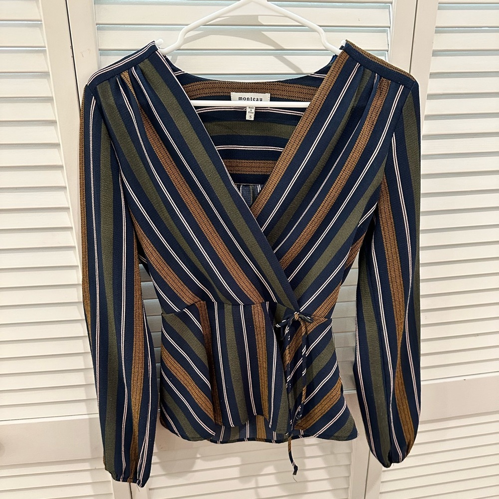 Monteau Striped Faux Wrap Blouse